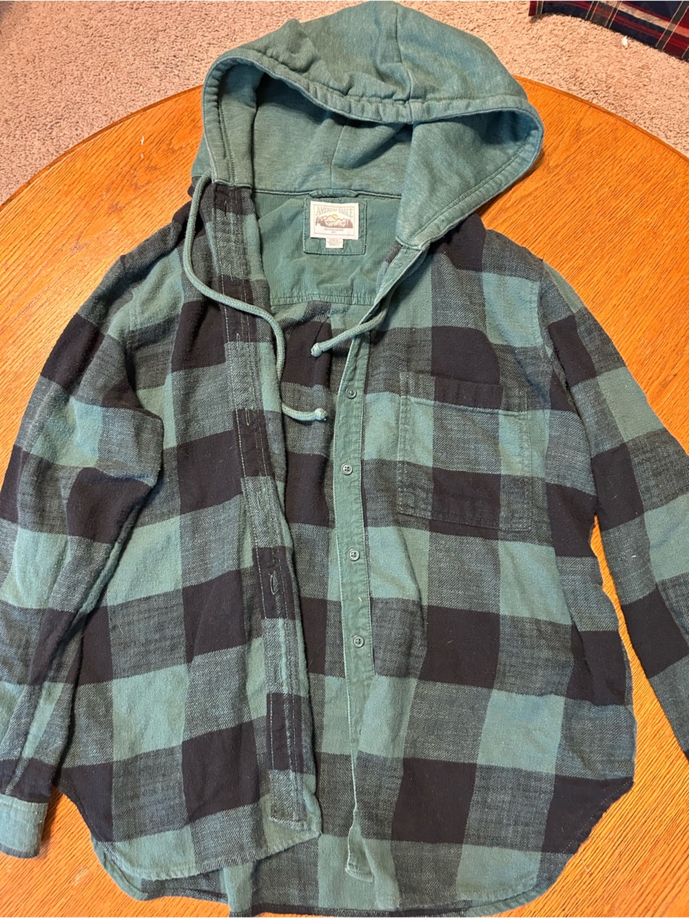 American Eagle Outfitters Green and Black Plaid Hooded Flannel Shirt